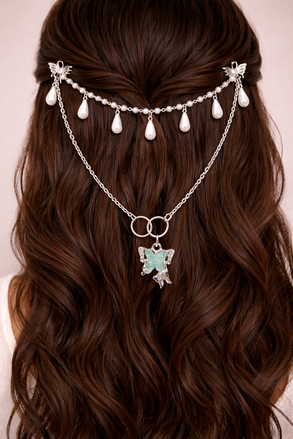 Teal Butterfly Hair Jewelry with Pearl Beads – product view 1 by LV Homemade