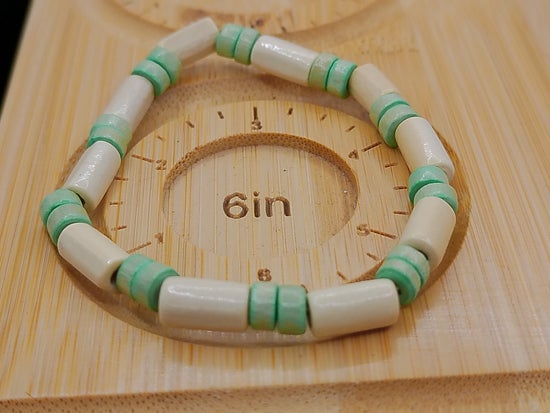 Teal and Ivory Colored Wood Elastic Bracelet – product view 2 by LV Homemade