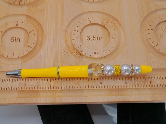 Pen, Yellow with Yellow Flowers and White Beads – product view 3 by LV Homemade