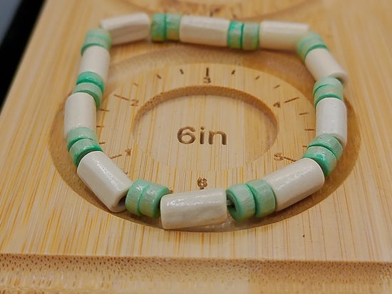 White and Green Wood Elastic Bracelet – product view 2 by LV Homemade