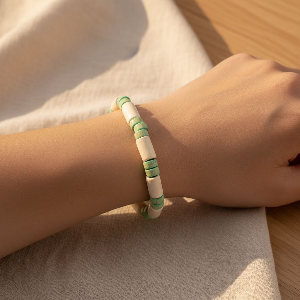 A beaded bracelet made of alternating off-white cylindrical beads and mint green spacer rings, displayed on a wooden measuring block marked 6in.