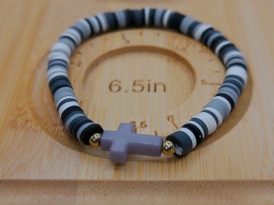 6.5" White, Grey and Black Elastic Bracelet with Light Purple Cross – product view 2 by LV Homemade
