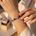 6.5" White, Grey and Black Elastic Bracelet with Light Purple Cross – product view 1 by LV Homemade
