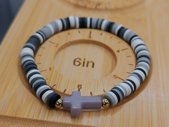 6" White, Grey and Black Elastic Bracelet with Light Purple Cross – product view 2 by LV Homemade