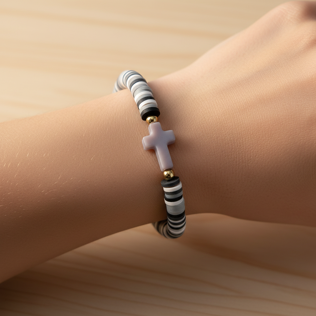 6" White, Grey and Black Elastic Bracelet with Light Purple Cross – product view 1 by LV Homemade