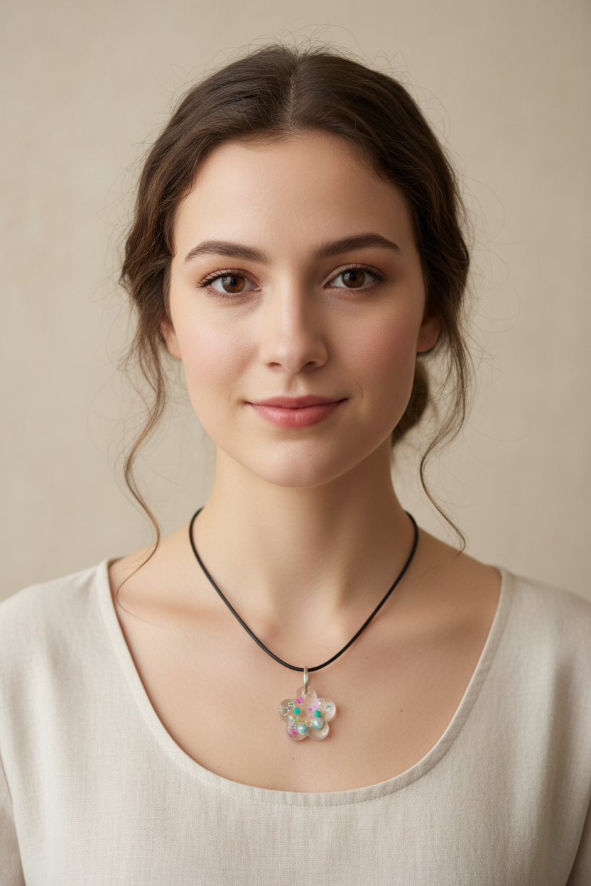 A clear flower-shaped pendant necklace filled with colorful glitter and small beads, displayed on a black velvet jewelry bust.