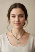 A clear flower-shaped pendant necklace filled with colorful glitter and small beads, displayed on a black velvet jewelry bust.