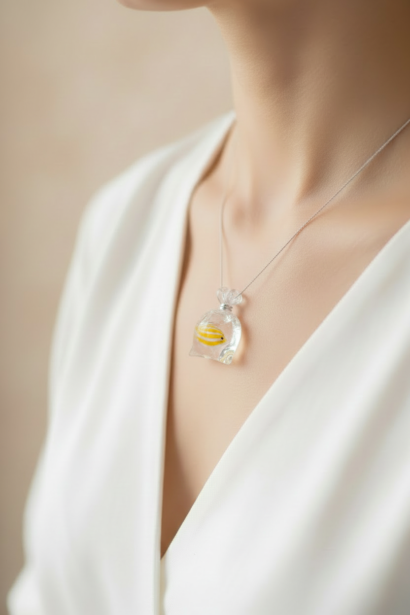 A close-up of a model wearing a delicate silver necklace with a clear glass pendant containing a small yellow flower, styled with a white V-neck top against a soft beige background.