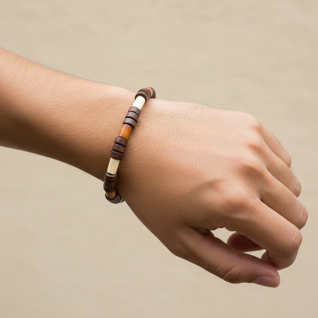 Light and Dark Brown Elastic Wood Bracelet – product view 1 by LV Homemade