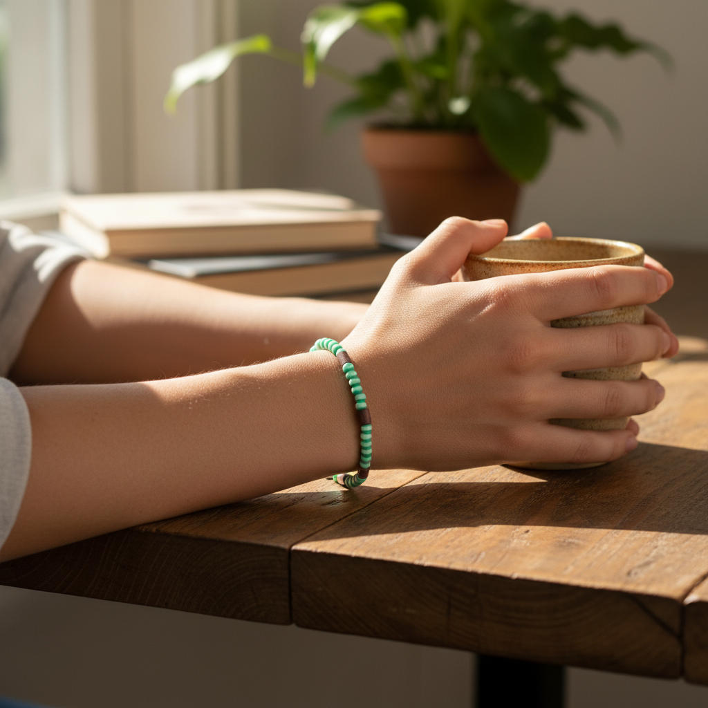 A beaded bracelet made of alternating mint green and white round beads with larger dusty pink cylindrical beads, displayed on a black textured background.
