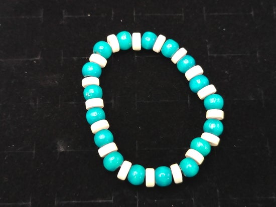 Teal and White Wood Elastic Bracelet – product view 2 by LV Homemade