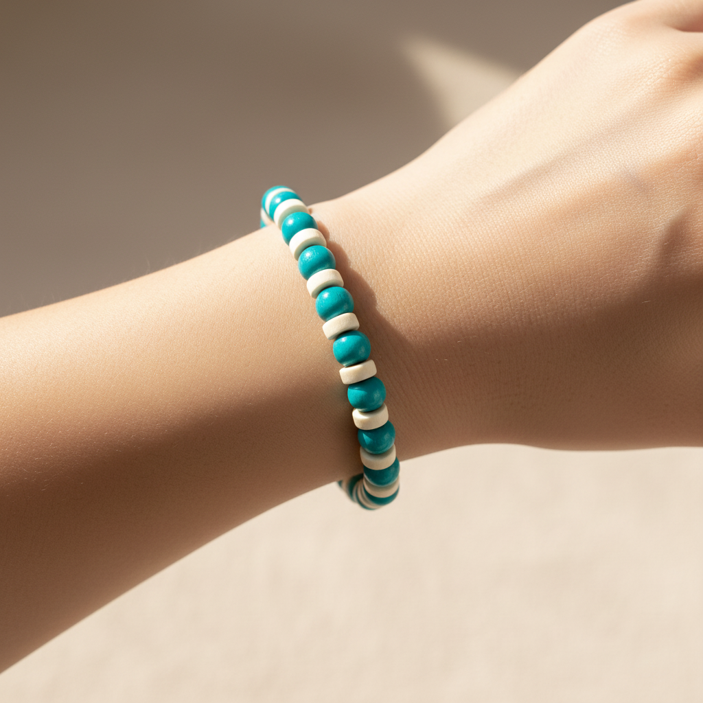 A beaded stretch bracelet with turquoise blue and white round beads worn on a person's wrist, shown in warm natural sunlight against a neutral beige background.