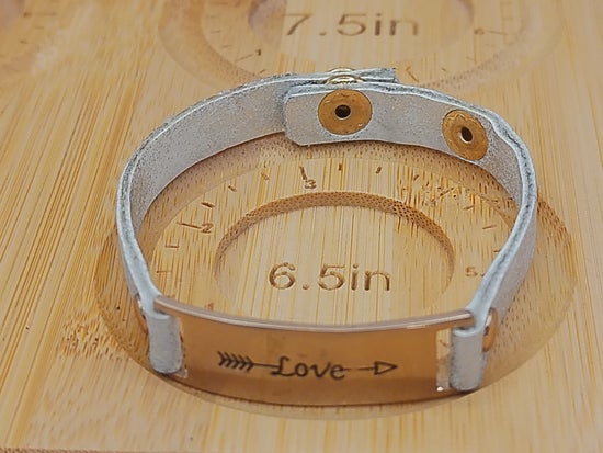 White and Silver Leather Bracelent with Bronze Love Inscription – product view 2 by LV Homemade