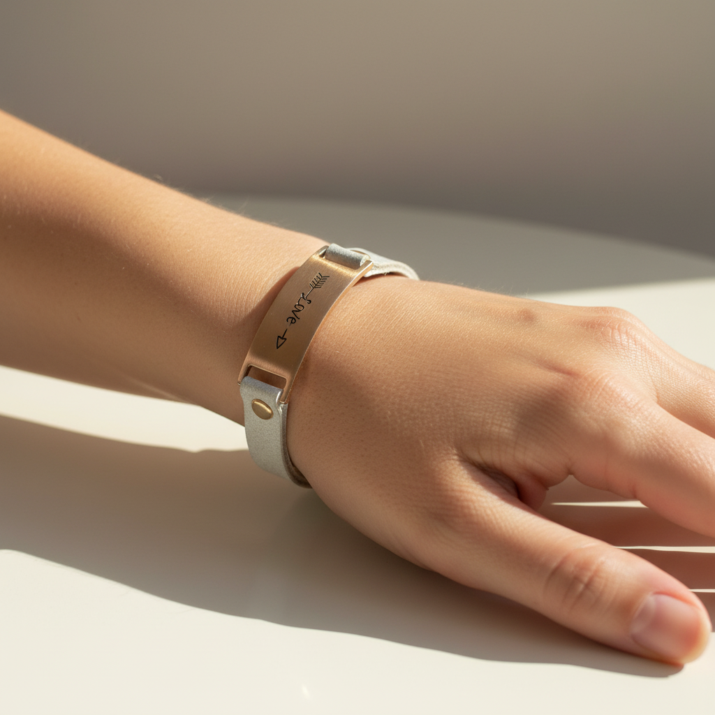 White and Silver Leather Bracelent with Bronze Love Inscription – product view 1 by LV Homemade