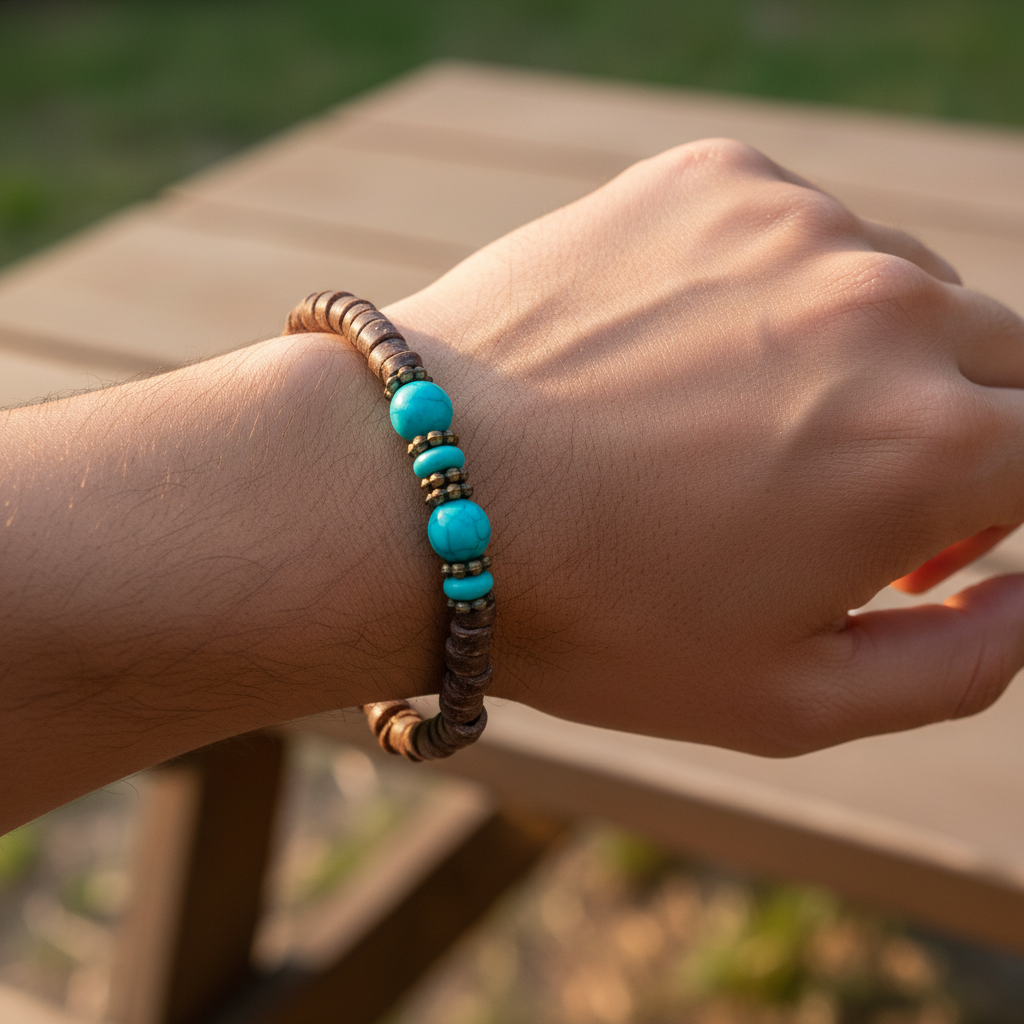 A beaded bracelet made of dark brown cylindrical beads with three turquoise blue round beads and small metallic spacer beads, displayed on a circular wooden measuring prop labeled 6in.