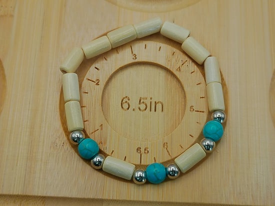 Teal Beads with Ivory Colored Wood Elastic Bracelet – product view 2 by LV Homemade