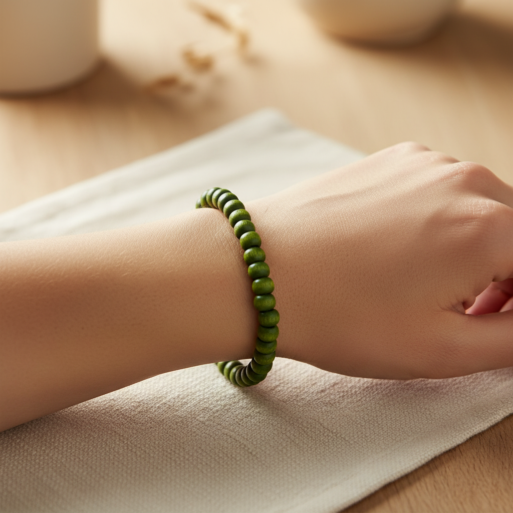 A green beaded bracelet arranged in a circle around a round wooden measuring gauge marked 6in, shown on a light wood background.