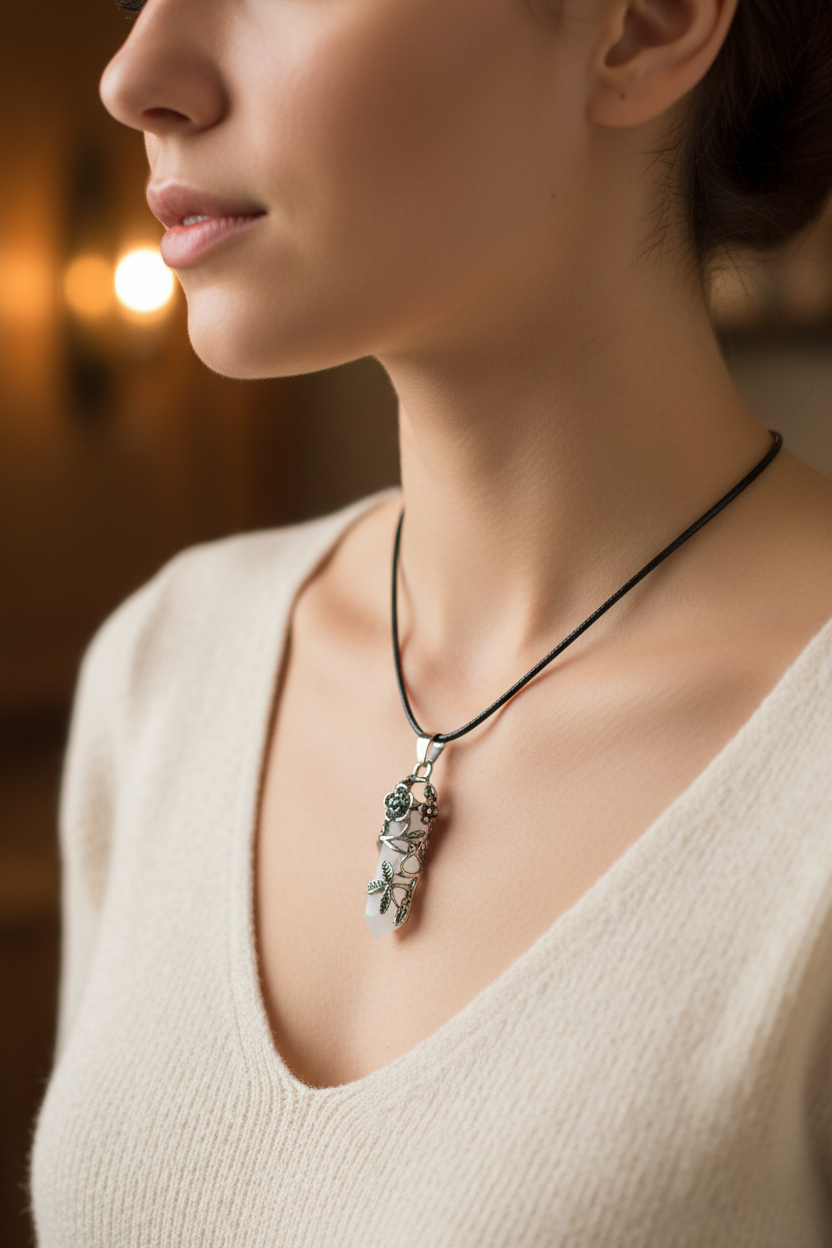 White Cracked Crystal Necklace with Metal Flowers – product view 1 by LV Homemade