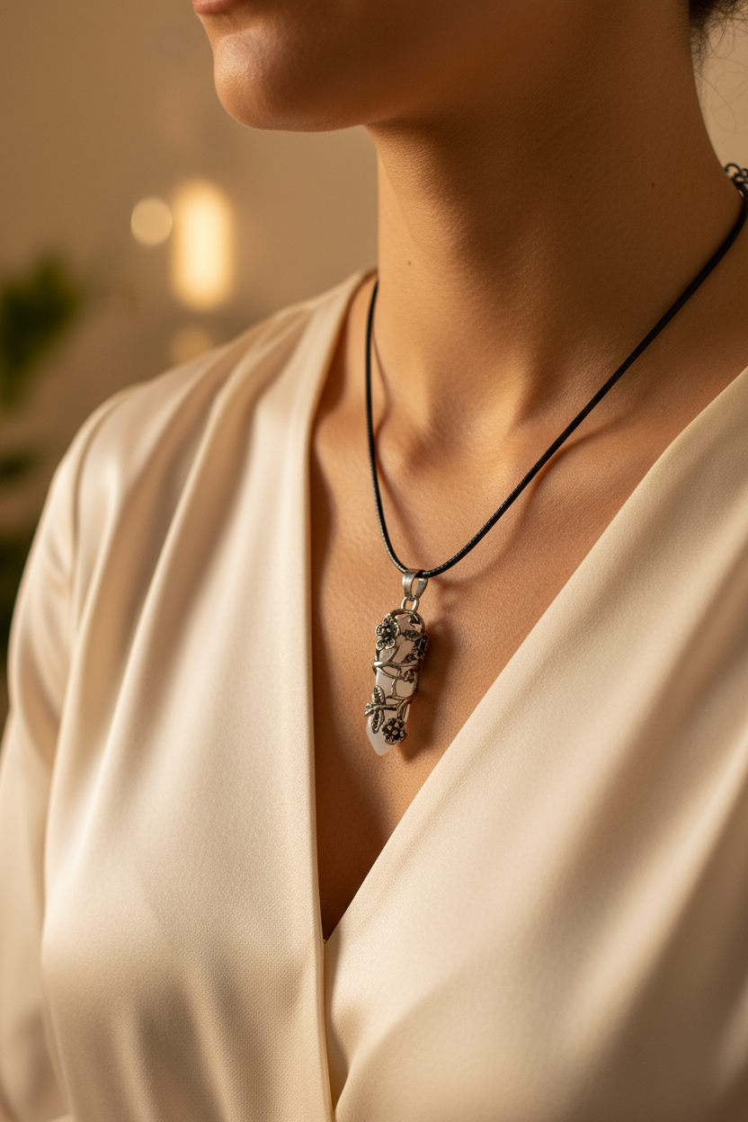 White Crystal Necklace with Metal Flowers – product view 1 by LV Homemade
