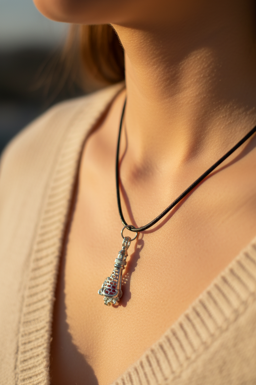 A close-up lifestyle shot of a model wearing a silver-toned  pendant necklace on a black cord, paired with a beige knit sweater.