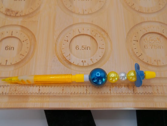 Yellow Mechanical Pencil with Blue Cowboy Hat and Blue Beads – product view 3 by LV Homemade
