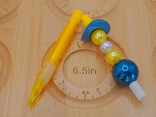Yellow Mechanical Pencil with Blue Cowboy Hat and Blue Beads – product view 2 by LV Homemade