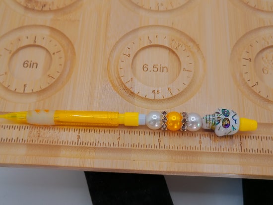 Yellow Mechanical Pencil with White Skull and Yellow Beads – product view 2 by LV Homemade