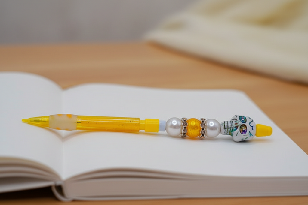 A yellow mechanical pencil with decorative beads, including a sugar skull bead, placed on a wooden measuring board with circular markings.