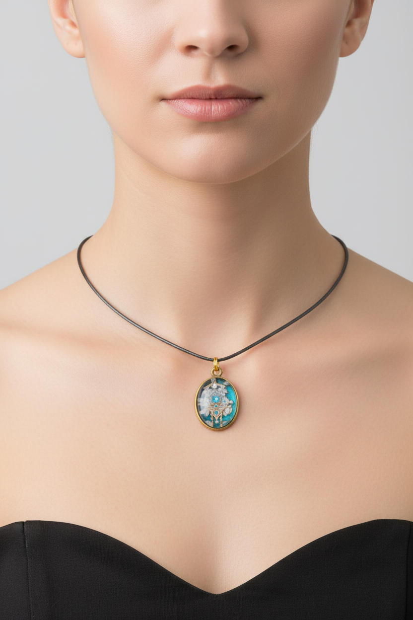 An oval pendant necklace with a blue and white floral design and gold trim, displayed on a black velvet jewelry bust.