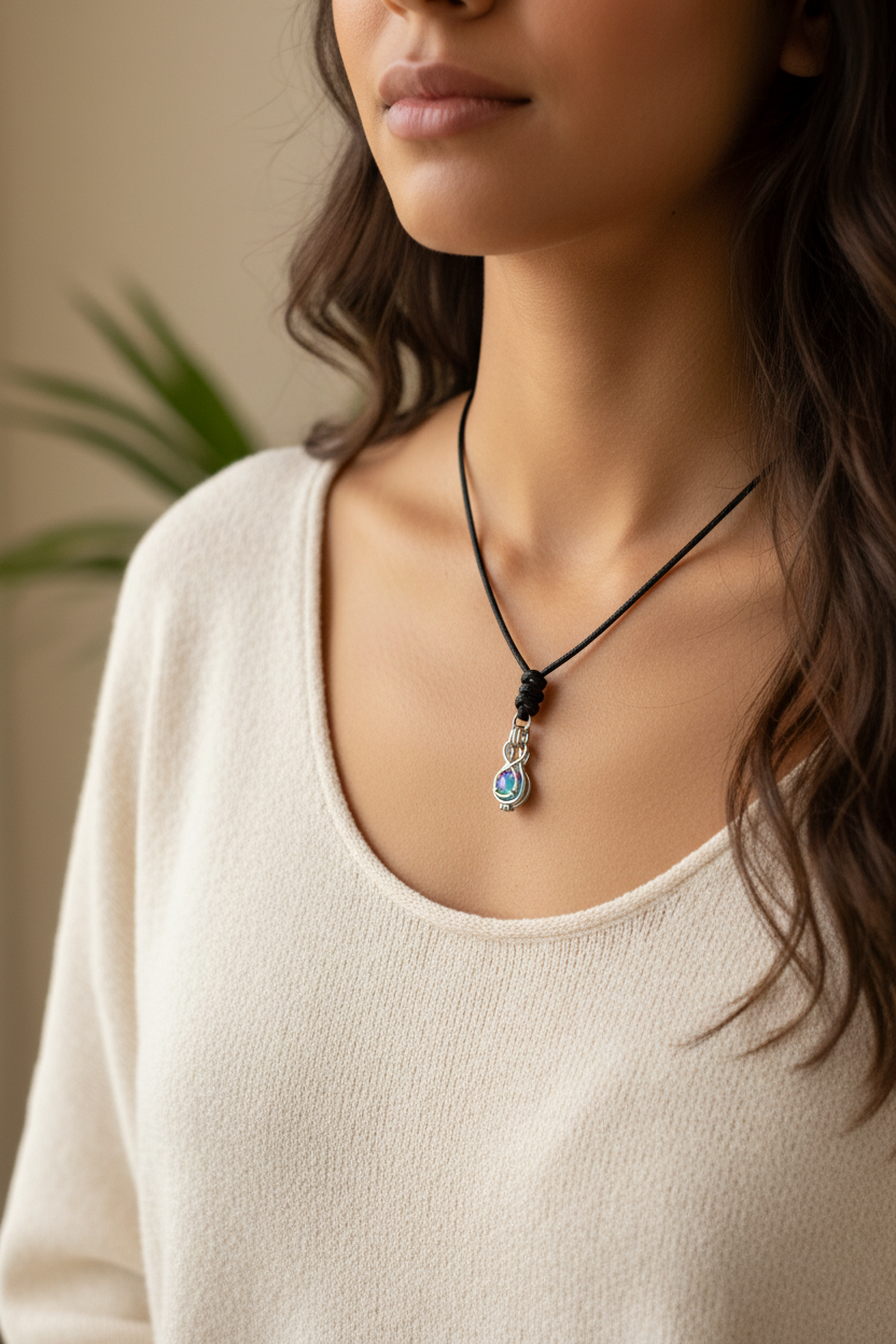 A silver-toned pendant necklace with a small iridescent green-blue stone, displayed on a black velvet jewelry bust.