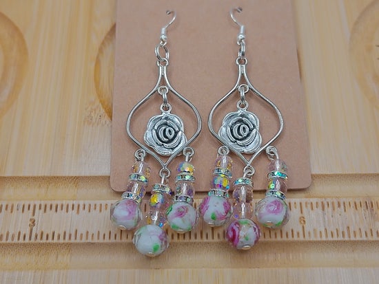 Silver rose earrings with rose bead – product view 2 by LV Homemade