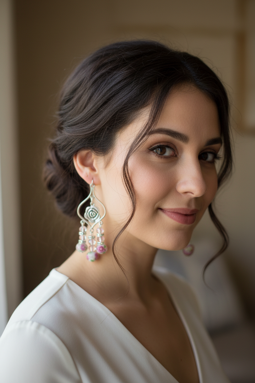 A pair of handmade silver dangle earrings with floral glass beads, displayed on a tan card over a wooden ruler background.
