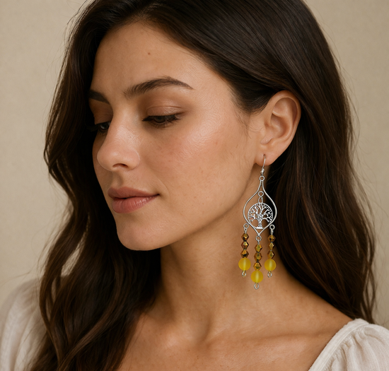 Silver Tree of Life Earrings with Yellow and Gold Beads – product view 1 by LV Homemade