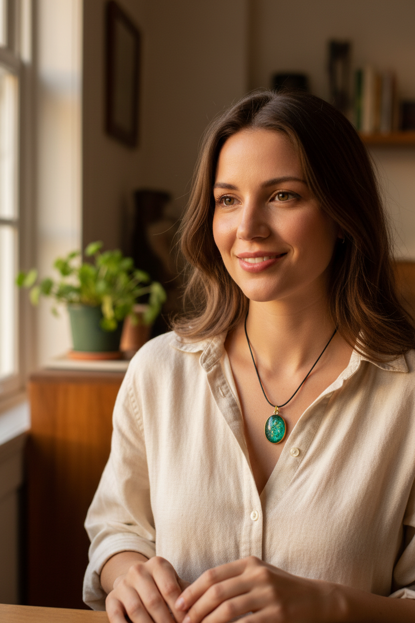 Oval Pendant with Green Iridescent Stone – product view 1 by LV Homemade