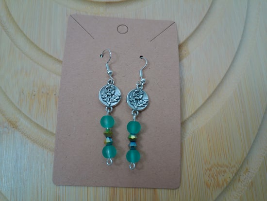 Silver Rose Earrings with Green Beads – product view 2 by LV Homemade