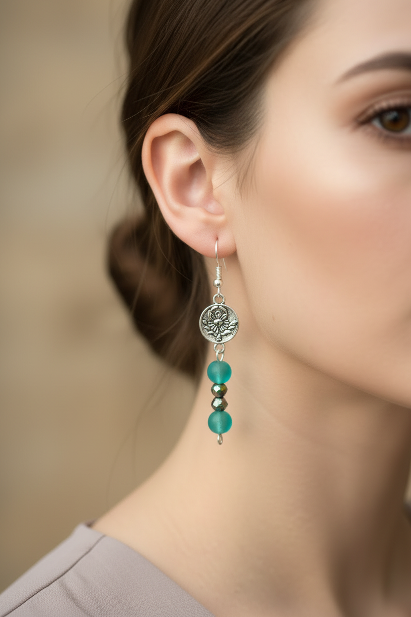 Silver Rose Earrings with Green Beads – product view 1 by LV Homemade