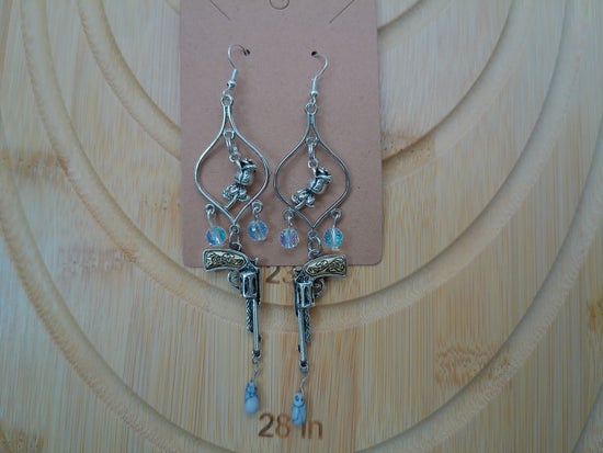 Silver Roses n Revolver Earrings – product view 2 by LV Homemade