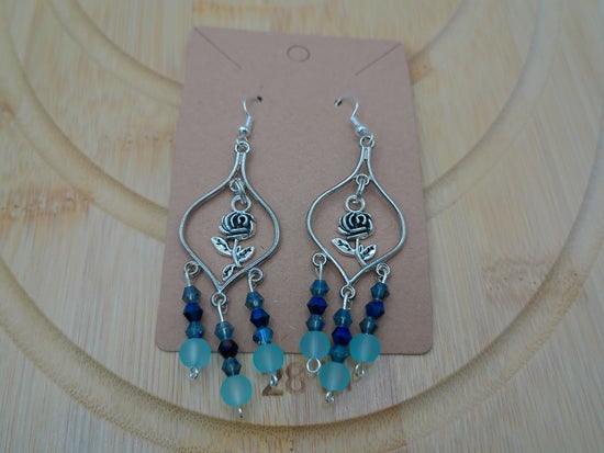 Silver Roses Earrings Light Blue Beads – product view 2 by LV Homemade
