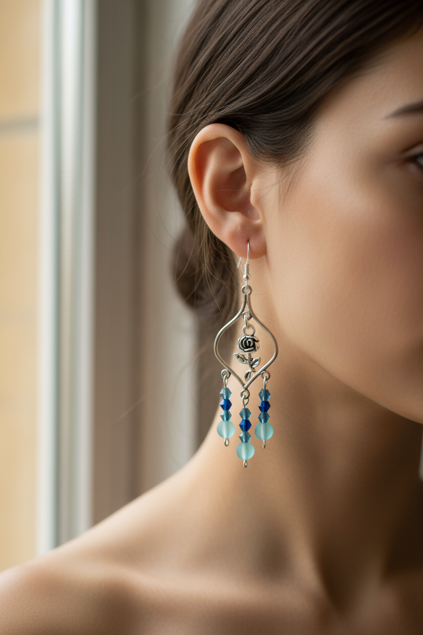 A pair of silver-toned dangle earrings with rose charms and blue beads, displayed on a brown backing card over a light wood surface.