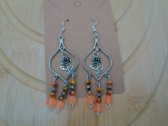 Silver Roses Earrings with Orange Beads – product view 2 by LV Homemade