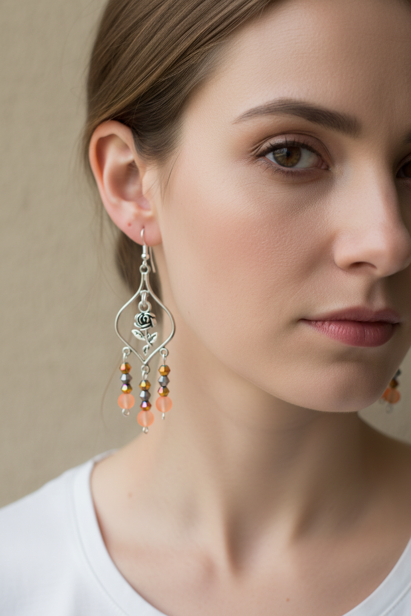 Silver Roses Earrings with Orange Beads – product view 1 by LV Homemade