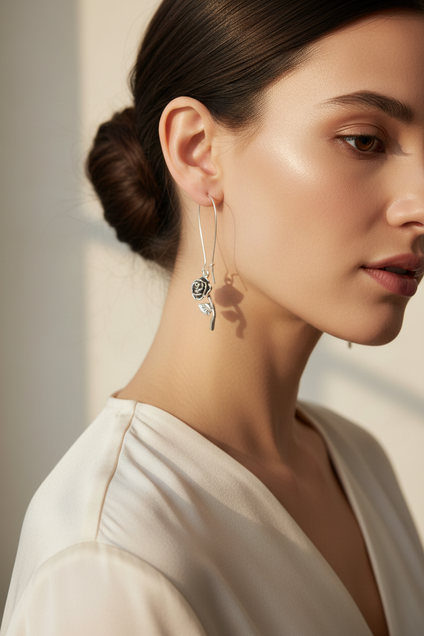 Silver Rose Earrings – product view 1 by LV Homemade