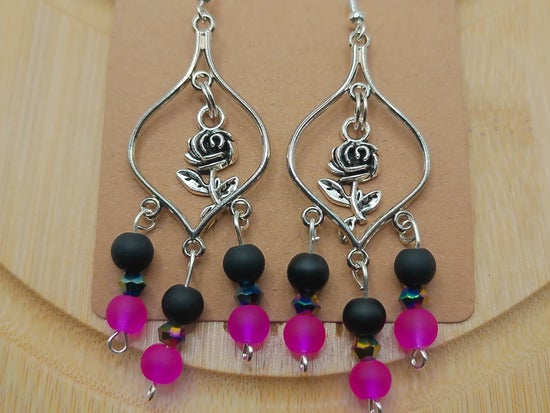 Silver Roses Earrings with Pink and Black – product view 2 by LV Homemade
