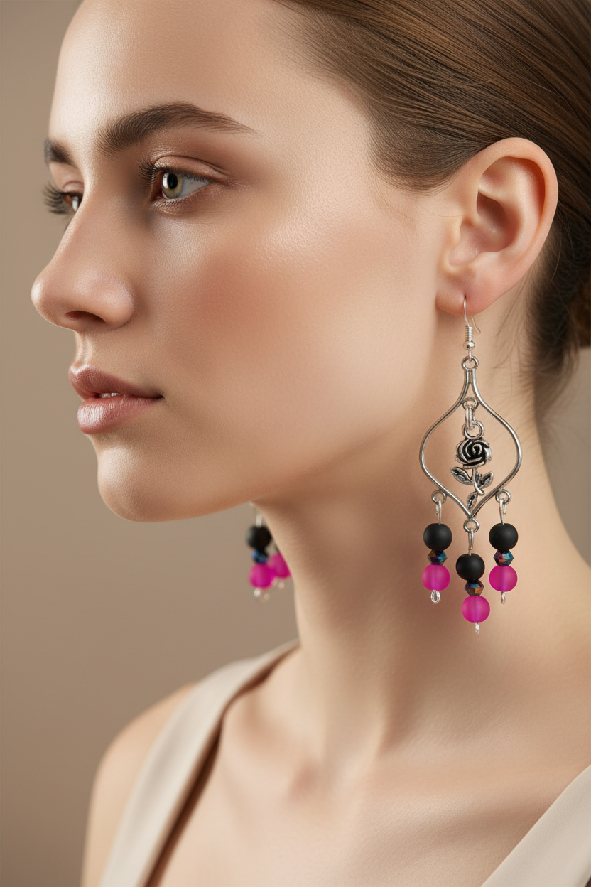 Silver Roses Earrings with Pink and Black – product view 1 by LV Homemade