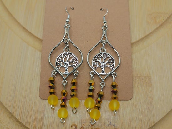 Silver Tree of Life Earrings with Yellow and Gold Beads – product view 2 by LV Homemade
