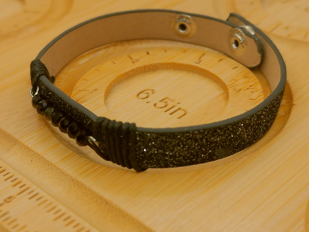 Black Leather Bracelet with Silver and Black Glitter – product view 2 by LV Homemade