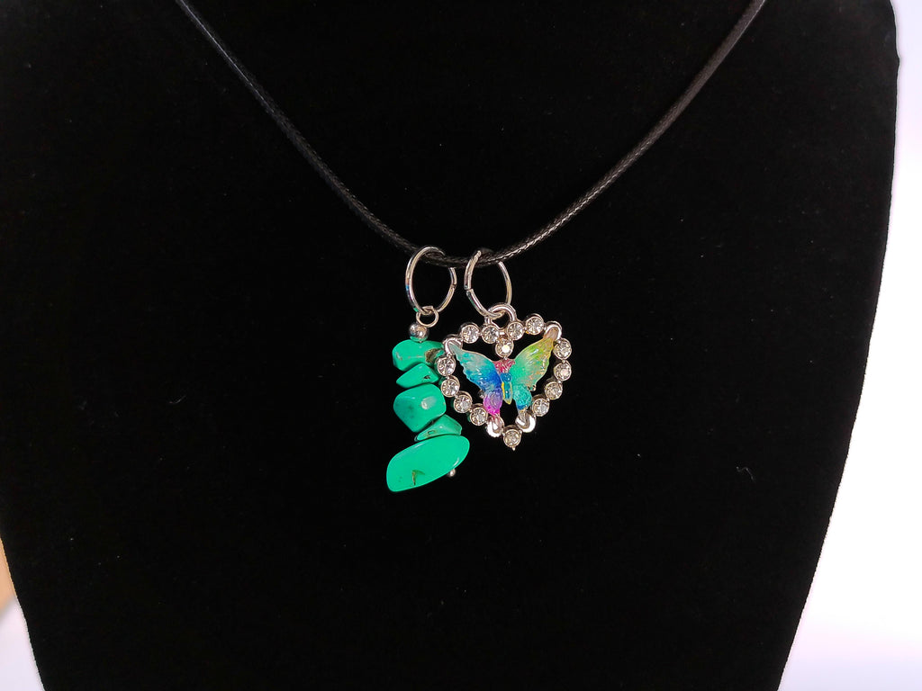 Turquoise Rocks Pendent Cluster with Rainbow Butterfly Heart – product view 2 by LV Homemade