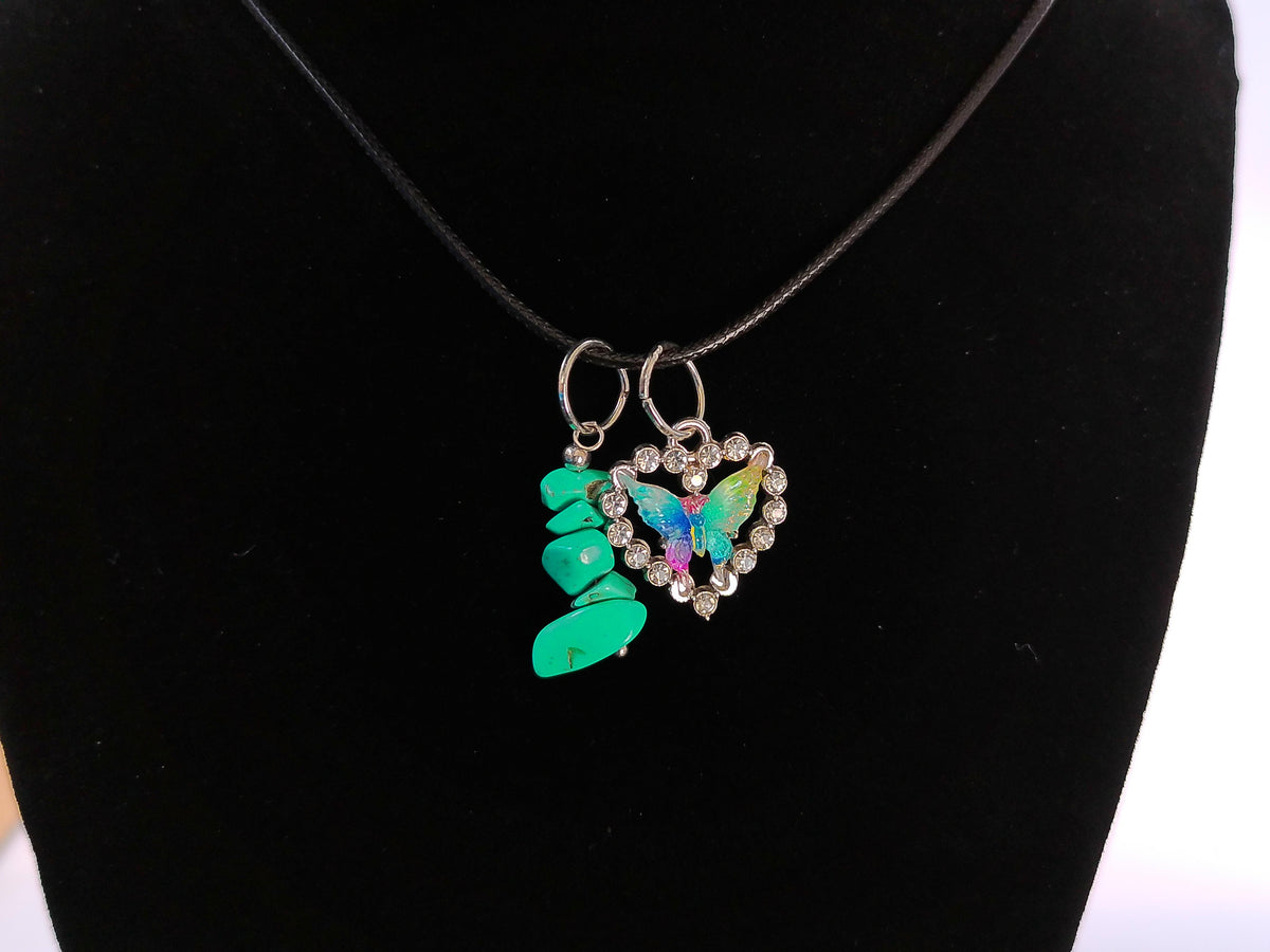 Turquoise Rocks Pendent Cluster with Rainbow Butterfly Heart – product view 2 by LV Homemade