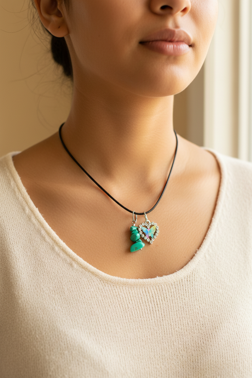 A silver-toned double-pendant necklace displayed on a black velvet jewelry bust. The necklace features a heart-shaped pendant with iridescent multicolor crystals and a green stone cluster pendant.
