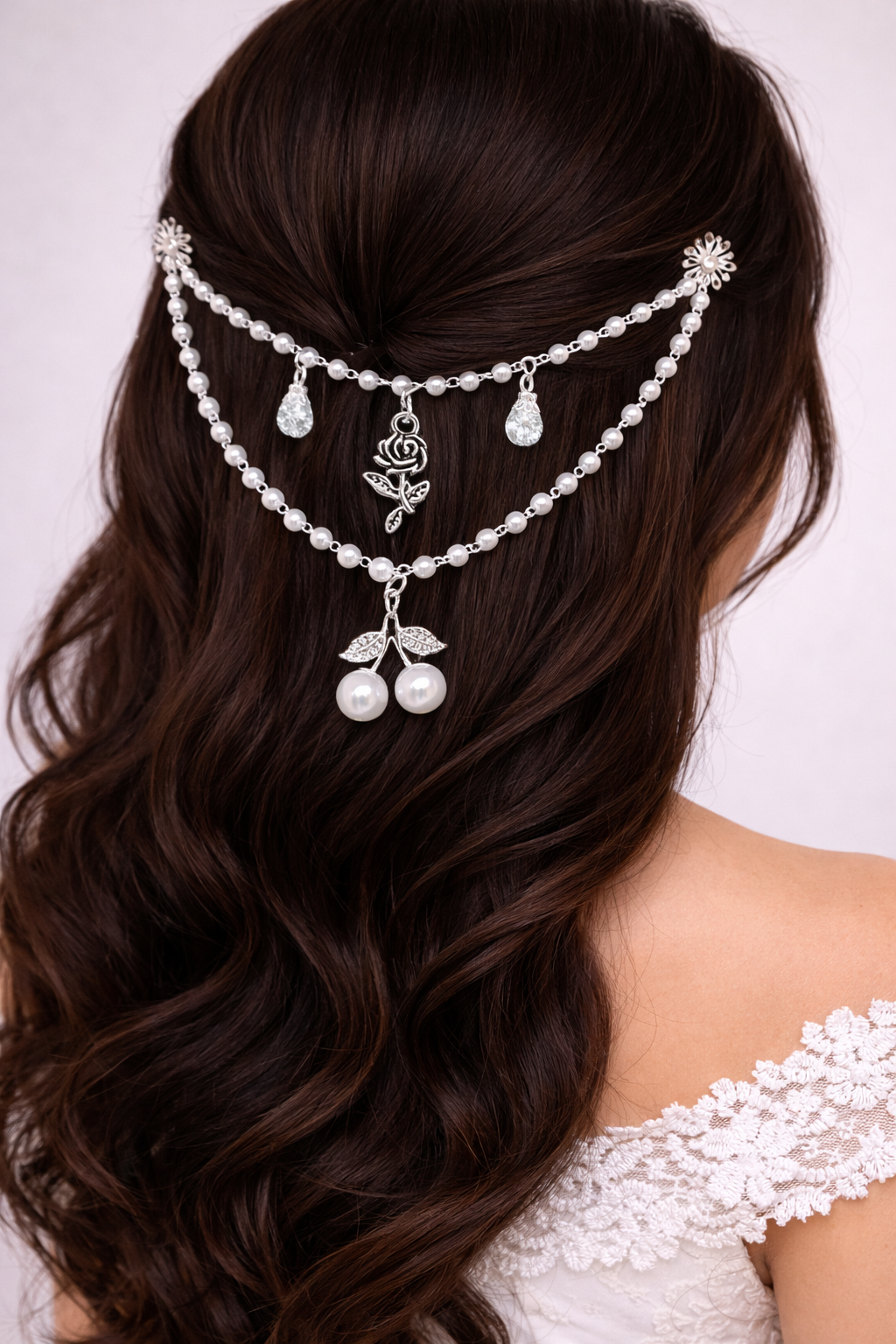 Silver Rose Hair Jewelry with Pearl Cherries – product view 1 by LV Homemade